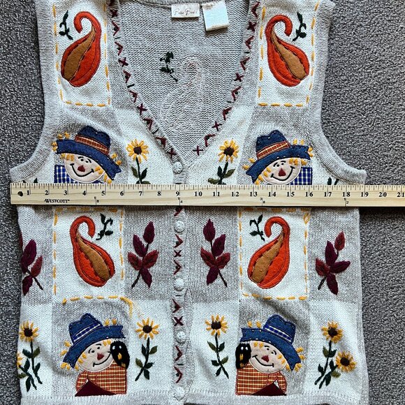 🍁🍂 Bobbie Brooks VTG 90s Scarecrows Gourds & Leaves Autumn Sweater Vest | Sz M - Picture 5 of 10